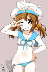 Rule 34 | 1girl, adapted costume, animal, assisted exposure, beret, bishoujo senshi sailor moon, blue panties, blue ribbon, bra, breasts, cat, cleavage, collarbone, error musume, groin, hat, kantai collection, looking at viewer, medium breasts, motion lines, naitou kouse, navel, panties, panty pull, parody, personification, ribbon, sailor collar, shoshinsha mark, solo, stomach, swimsuit, twintails, underwear, underwear only, v, v over eye, white bra