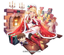 Rule 34 | 1girl, 2013, arm support, ass, awakening (sennen sensou aigis), bell, beret, blonde hair, blush, boots, breasts, breasts apart, bridal gauntlets, candle, candlestand, christmas, christmas lights, christmas present, christmas stocking, cloak, commentary request, company name, covered navel, detached collar, doll, elf, fireplace, fur-trimmed cloak, fur trim, gift, gold trim, gradient hair, hair ribbon, hand up, hat, head tilt, high heel boots, high heels, highleg, highleg leotard, holding, holding hair, knee boots, leotard, long hair, low twintails, multicolored hair, official art, pink hair, pointy ears, pom pom (clothes), prince (sennen sensou aigis), red cloak, red eyes, red footwear, red ribbon, ribbon, ribs, rug, sack, sennen sensou aigis, sitting, small breasts, solo, strapless, strapless leotard, tamakaga, thighhighs, thighs, twintails, tytto (sennen sensou aigis), white background, white hat, white leotard, white thighhighs, wooden floor, yokozuwari