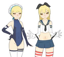 Rule 34 | 1girl, blonde hair, blue archive, breasts, hand on own hip, highres, kantai collection, mari gold, mole, mole under eye, orange eyes, rong rong, shimakaze (kancolle), small breasts, striped clothes, striped thighhighs, tagme, thick eyebrows, thigh strap, thighhighs, toki (blue archive)