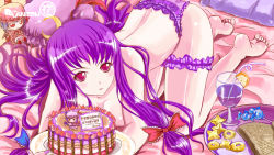 Rule 34 | 1girl, cake, character doll, crescent, crescent moon, female focus, food, hat, highres, long hair, moon, panties, panties only, patchouli knowledge, purple hair, red eyes, remilia scarlet, ryuuzaki (stardust dragon), solo, topless, touhou, underwear, underwear only, wallpaper