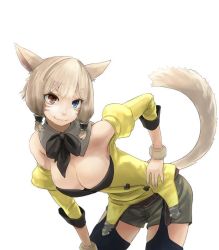 Rule 34 | 10s, 1girl, animal ears, bare shoulders, bent over, black thighhighs, blue eyes, breasts, brown hair, cat ears, cat tail, choker, cleavage, detached collar, facial mark, final fantasy, final fantasy xiv, fingernails, garter straps, hair ornament, hair tubes, hand on own hip, hand on thigh, heterochromia, large breasts, lips, long fingernails, looking at viewer, md5 mismatch, miqo&#039;te, multicolored eyes, potion lilac(popopotionu), red eyes, ribbon choker, shorts, simple background, smile, solo, tail, thighhighs, tsurime, warrior of light (ff14), white background, white hair, wristband