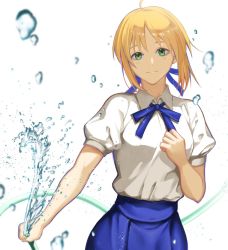 Rule 34 | 1girl, artoria pendragon (all), artoria pendragon (fate), bad id, bad twitter id, blonde hair, blue ribbon, blue skirt, fate/stay night, fate (series), fumi fumi (7837224), green eyes, hair ribbon, holding, hose, light smile, looking at viewer, neck ribbon, ribbon, saber (fate), shirt, short hair, short sleeves, simple background, skirt, solo, standing, white background, white shirt