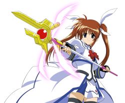 Rule 34 | 00s, 1girl, absurdres, blue eyes, brown hair, cowboy shot, highres, holding, holding weapon, lyrical nanoha, mahou shoujo lyrical nanoha, mahou shoujo lyrical nanoha a&#039;s, mahou shoujo lyrical nanoha strikers, raising heart, solo, takamachi nanoha, thighhighs, transparent background, vector trace, weapon