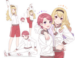 Rule 34 | 2girls, :/, :d, :o, arm around shoulder, arm behind head, arms up, black hairband, blonde hair, blush, chibi, closed eyes, closed mouth, gym shorts, hairband, hand on own arm, hand on own hip, hand on own knee, hand on own leg, hand up, head tilt, holding, holding towel, isurugi futaba, ito fumi, jacket, leg up, light smile, long hair, long sleeves, looking at another, looking at viewer, looking away, multiple girls, multiple views, one eye closed, open mouth, outstretched arm, outstretched leg, pants, parted bangs, pink eyes, pink hair, purple eyes, red shorts, saijou claudine, shoes, short hair, shorts, shoujo kageki revue starlight, side-by-side, simple background, smile, sneakers, sparkle, split, squatting, standing, standing on one leg, standing split, stretching, teeth, towel, track jacket, translation request, upper teeth only, v, wavy hair, white background, white footwear, white jacket, white pants, wiping face, zipper pull tab