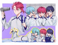 Rule 34 | !, !!, 3boys, black hair, blue eyes, blue hair, blue lock, blue tkse, blush, braid, closed eyes, closed mouth, commentary request, drying, drying hair, frown, full body, hair dryer, hairdressing, head rest, highres, holding, holding another&#039;s hair, holding hair dryer, isagi yoichi, kurona ranze, long sleeves, looking at another, lying, male focus, multiple boys, multiple views, on stomach, one eye closed, open mouth, pants, red eyes, red hair, shirt, short hair, single braid, smile, tablet pc, towel on one shoulder, white pants, white shirt, you hiori