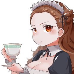 Rule 34 | 1girl, alternate costume, blush, braid, breasts, brown eyes, brown hair, cleavage, cup, enmaided, forehead, french braid, frown, goodbye bitmap, holding, holding cup, idolmaster, idolmaster cinderella girls, looking at viewer, maid, maid headdress, medium breasts, neck ribbon, ribbon, seki hiromi, simple background, solo, teacup, tray, upper body, white background, wrist cuffs