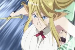 Rule 34 | 1boy, 1girl, animated, animated gif, blonde hair, blue eyes, bouncing breasts, breasts, centaur, centorea shianus, holding, holding sword, holding weapon, huge breasts, monster girl, monster musume no iru nichijou, riding, running, sword, taur, waist grab, weapon