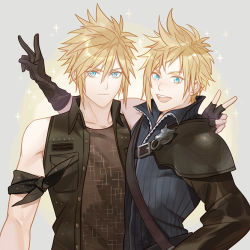 Rule 34 | 2boys, blonde hair, blue eyes, buster sword, cloud strife, cosplay, costume switch, final fantasy, final fantasy vii, final fantasy xv, fingerless gloves, ginmu, gloves, jacket, looking at viewer, male focus, multiple boys, prompto argentum, spiked hair, square enix, sword, weapon