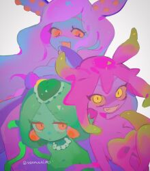 Rule 34 | 3girls, :d, :o, bare shoulders, breasts, cleavage, colored sclera, colored skin, commentary, dress, evil grin, evil smile, green skin, grey background, grin, highres, jewelry, long hair, marina (omori), medium breasts, medusa (omori), molly (omori), monster girl, multiple girls, necklace, omori, open mouth, orange eyes, pearl necklace, pink skin, slime girl, smile, sobamushi mo, strapless, strapless dress, tentacle hair, twitter username, very long hair, yellow eyes