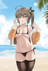 Rule 34 | absurdres, aged up, ahoge, beach, bikini, black thighhighs, blue eyes, blush, breasts, brown hair, cleavage, day, fang, hair ribbon, highres, hololive, jacket, long sleeves, looking at viewer, medium breasts, medium hair, micro bikini, natsuiro matsuri, natsuiro matsuri (1st costume), navel, open mouth, orange jacket, outdoors, ribbon, side ponytail, skin fang, smile, smug, swimsuit, thighhighs, unicron (brous), virtual youtuber