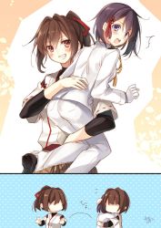 Rule 34 | 3girls, ^^^, artist name, black hair, brown eyes, brown hair, carrying over shoulder, female admiral (kancolle), flying sweatdrops, grin, highres, hug, hyuuga (kancolle), ise (kancolle), japanese clothes, kantai collection, little girl admiral (kancolle), looking at viewer, military, military uniform, multiple girls, naval uniform, one-hour drawing challenge, open mouth, polka dot, polka dot background, ponytail, purple eyes, short hair, signature, sketch, smile, toosaka asagi, translated, uniform
