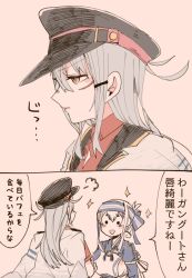 Rule 34 | 2girls, ainu clothes, bad id, bad twitter id, belt, blue hair, blush, comic, dress, facial scar, gangut (kancolle), grey hair, hair between eyes, hair ornament, hairclip, hat, headband, itomugi-kun, jacket, jacket on shoulders, japanese clothes, kamoi (kancolle), kantai collection, long hair, long sleeves, military, military hat, military uniform, multicolored hair, multiple girls, naval uniform, open clothes, open jacket, open mouth, peaked cap, ponytail, red eyes, red shirt, remodel (kantai collection), scar, scar on cheek, scar on face, shirt, simple background, skirt, translation request, underwear, uniform, white hair