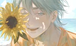 Rule 34 | 1boy, aino0219, blue eyes, blue hair, blue sky, cloud, commentary, english commentary, flower, highres, holding, holding flower, horizon, leaf, light blue hair, looking at viewer, male focus, ocean, open mouth, orange shirt, original, outdoors, profile, shade, shirt, short hair, sky, smile, solo, summer, sunflower, teeth, upper teeth only, yellow flower