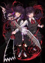 Rule 34 | 2girls, absurdres, aryi077, belt, black background, black hair, black socks, breasts, chainsaw man, collar, collared shirt, commentary, cross scar, dress, facial scar, fourth east high school uniform, highres, holding, holding sword, holding weapon, long hair, medium breasts, mitaka asa, multiple girls, neck ribbon, pinafore dress, pleated skirt, purple eyes, red ribbon, ribbon, scar, scar on cheek, scar on face, school uniform, severed head, shirt, shoes, simple background, skirt, sleeveless, sleeveless dress, socks, sword, tongue, tongue out, veins, weapon, white collar, white footwear, yellow eyes, yoru (chainsaw man)