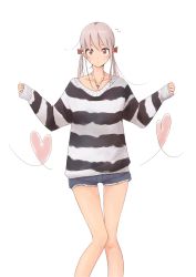 Rule 34 | 1girl, bow, brown eyes, denim, denim shorts, grey hair, hair bow, heart, highres, jewelry, long hair, looking at viewer, low twintails, necklace, original, rucchiifu, short shorts, shorts, simple background, solo, striped clothes, striped sweater, sweater, twintails