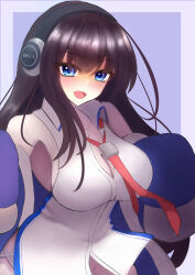 Rule 34 | 1girl, absurdres, azur lane, bare shoulders, between breasts, blue eyes, blush, breasts, brown hair, cleavage, collared shirt, detached sleeves, dress, gloves, hair between eyes, hairband, hat, headphones, highres, large breasts, long hair, long island (azur lane), long sleeves, looking at viewer, necktie, open mouth, red necktie, shirt, sidelocks, simple background, skirt, sleeveless, smile, solo, upper body, user kuec4577, very long hair, white shirt