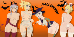 Rule 34 | 4girls, absurdres, anal, anal tail, animal ears, arched back, ass, black clover, blonde hair, blue eyes, covered navel, crossover, demon, demon girl, demon horns, demon tail, dr. stone, elizabeth liones, en&#039;en no shouboutai, fake tail, female focus, female focus, en&#039;en no shouboutai, gluteal fold, green eyes, hair over one eye, halloween, halloween costume, hat, highres, horns, iris (enen no shouboutai), kohaku (dr. stone), long hair, looking back, mandio art, multiple girls, mummy, mummy costume, nanatsu no taizai, navel, nipples, no bra, no panties, noelle silva, nude, one eye closed, one eye covered, panties, panty pull, pink eyes, presenting, presenting pussy, pubic hair, pussy, rabbit ears, rabbit tail, short hair, shounen jump, sister iris (fire force), smile, tail, thick thighs, thighs, underwear, upskirt, white hair, wide hips, witch, witch hat