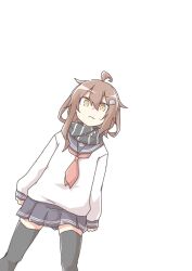Rule 34 | 1girl, ahoge, akara kai, black sailor collar, black scarf, black skirt, black thighhighs, brown eyes, highres, ikazuchi (kancolle), kantai collection, long sleeves, neckerchief, negative space, pleated skirt, red neckerchief, sailor collar, scarf, shirt, short hair, simple background, skirt, solo, standing, striped clothes, striped scarf, thighhighs, white background, white shirt