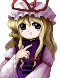 Rule 34 | 1girl, blonde hair, blush stickers, bow, commentary, dress, hair bow, hand up, hat, hat ribbon, highres, long hair, long sleeves, looking at viewer, mob cap, open mouth, purple dress, purple hat, purple tabard, red bow, red ribbon, ribbon, simple background, smile, solo, tabard, touhou, upper body, variant set, white background, wide sleeves, yakumo yukari, yakumora n, zun (style)