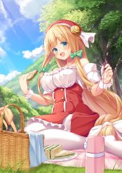 Rule 34 | 1girl, ahoge, bare shoulders, blonde hair, blush, bow, breasts, buttons, chopsticks, cloud, day, double-breasted, flask, food, from below, grass, green bow, green eyes, hair bow, hat, highres, holding, holding chopsticks, holding food, light rays, long hair, looking at viewer, low-tied long hair, mafuyun, mountain, original, outdoors, pantyhose, paper plate, picnic, picnic basket, plate, round teeth, sandwich, sidelocks, solo, strapless, sunbeam, sunlight, teeth, tree, upper teeth only, very long hair, white bow, white pantyhose, wrist cuffs