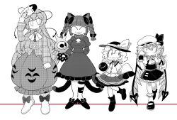 Rule 34 | 4girls, animal ears, animal hands, cat ears, cat girl, cat paws, cat tail, closed eyes, dress, female focus, flaming skull, flandre scarlet, full body, furukawa (yomawari), hat, hata no kokoro, kaenbyou rin, komeiji koishi, long sleeves, looking at viewer, mary janes, mask, mob cap, monochrome, multiple girls, multiple tails, no mouth, no nose, shoes, skirt, sleeves past wrists, spot color, tail, touhou, white background, wrist cuffs