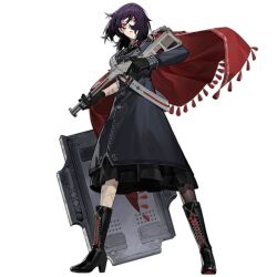 Rule 34 | 1girl, artist request, asymmetrical legwear, black dress, black footwear, black gloves, black pantyhose, boots, breasts, cape, closed mouth, combination gun, cross-laced footwear, dress, expressionless, full body, girls&#039; frontline, gloves, gun, high heel boots, high heels, holding, holding gun, holding weapon, lace-up boots, large breasts, long sleeves, looking at viewer, m6 aircrew survival weapon, m6 asw (girls&#039; frontline), medium hair, mismatched legwear, multiple-barrel firearm, official art, pantyhose, purple hair, red cape, red eyes, rifle, scar, scar on arm, scar on face, scar on leg, shield, shotgun, simple background, solo, standing, straight-on, survival rifle, transparent background, uniform, weapon, white pantyhose
