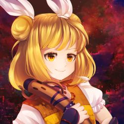 Rule 34 | 1girl, arm ribbon, blonde hair, bow, commentary request, double bun, dress, dungeon toaster, hair bun, hair ribbon, hand on own hip, hand up, highres, joutouguu mayumi, looking to the side, open mouth, orange dress, polearm, puffy short sleeves, puffy sleeves, red bow, red ribbon, red theme, ribbon, shirt, short hair, short sleeves, smile, solo, spear, teeth, touhou, upper body, weapon, white ribbon, white shirt, yellow eyes