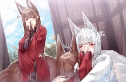 Rule 34 | 3girls, absurdres, age difference, amagi-chan (azur lane), amagi (azur lane), animal ear fluff, animal ears, azur lane, blue sky, blunt bangs, blush, breasts, bridal gauntlets, brown hair, closed eyes, cloud, cloudy sky, commentary, covered eyes, dated commentary, flying sweatdrops, fox ears, fox girl, fox tail, hair ornament, hand up, hands on another&#039;s face, highres, hug, japanese clothes, kaga (azur lane), kimono, kitsune, kneeling, kyuubi, large breasts, long hair, looking at another, looking to the side, multiple girls, multiple tails, purple eyes, red kimono, samip, short hair, sidelocks, sky, smile, standing, sweatdrop, tail, thick eyebrows, twintails, white hair, white kimono, wide sleeves, wooden wall