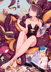 Rule 34 | 1girl, animal ears, anklet, ao-chan (ninomae ina&#039;nis), bare legs, barefoot, black dress, blonde hair, bottle, breasts, chopsticks, closed eyes, crossed ankles, cup ramen, dress, eating, electrical outlet, feet, food, food in mouth, full body, halo, highres, holding, holding chopsticks, holding food, hololive, hololive english, jewelry, knife, long hair, microwave, multicolored hair, nekomimipunks, ninomae ina&#039;nis, pointy ears, purple hair, sitting, small breasts, solo, spoon, strapless, strapless dress, streaked hair, stuffed animal, stuffed rabbit, stuffed toy, takodachi (ninomae ina&#039;nis), tentacles, toes, virtual youtuber