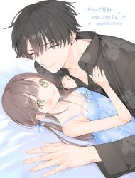 Rule 34 | 1boy, 1girl, age difference, bare shoulders, black hair, black shirt, blue dress, blue ribbon, blush, breasts, brown hair, chup2m, cleavage, collared shirt, couple, dress, earrings, green eyes, grey eyes, hair ribbon, hetero, highres, jewelry, long hair, looking at viewer, lying, original, ribbon, shirt, sleeveless, sleeveless dress, small breasts, smile, stud earrings, twintails, upper body