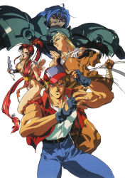 Rule 34 | 1990s (style), adjusting clothes, adjusting headwear, andy bogard, armor, bandages, blonde hair, blue hair, breasts, brown eyes, clenched hands, colored sclera, denim, covered erect nipples, hand fan, fatal fury, finger to mouth, grin, hat, headband, high ponytail, highres, holding, holding fan, jacket, jeans, joe higashi, long hair, looking at viewer, medium breasts, official art, oobari masami, open clothes, open jacket, open mouth, pants, pelvic curtain, profile, red hair, red sclera, shiranui mai, shirt, short hair, simple background, sleeveless, sleeveless jacket, smile, t-shirt, terry bogard, white background