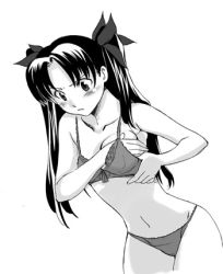 Rule 34 | 00s, 1girl, adjusting bra, adjusting breasts, adjusting clothes, blush, bow, bra, breast hold, breasts, fate/stay night, fate (series), female focus, greyscale, hair bow, lingerie, long hair, lowres, monochrome, non-web source, panties, simple background, solo, tohsaka rin, underwear, underwear only, white background