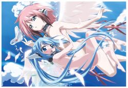 Rule 34 | 2girls, angel wings, ass, back, blue eyes, blue hair, blue sky, blush, breasts, chain, collar, completely nude, feathered wings, feet, flying, green eyes, hair ribbon, hug, ikaros, large breasts, long hair, looking ahead, looking down, multiple girls, nude, nymph (sora no otoshimono), open mouth, panties, unworn panties, pink hair, red ribbon, ribbon, robot ears, sky, slave, small breasts, sora no otoshimono, thighs, transparent wings, twintails, underwear, very long hair, watanabe yoshihiro, white wings, wings
