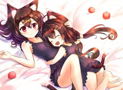 Rule 34 | 2girls, :d, ^ ^, animal ears, apple, barefoot, black hair, cat ears, double flare skirt one-piece, closed eyes, food, frilled swimsuit, frills, fruit, hug, multiple girls, nontraditional school swimsuit, one-piece swimsuit, open mouth, original, red eyes, sakura ani, school swimsuit, smile, swimsuit, tail