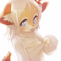 Rule 34 | 1girl, adjusting clothes, animal ears, blue eyes, blush, bright pupils, copyright request, eyebrows, flat chest, furry, furry female, long sleeves, looking at viewer, meme attire, mizuki kotora, open-chest sweater, short hair, simple background, solo, sweater, tail, thick eyebrows, turtleneck, upper body, white background, white hair