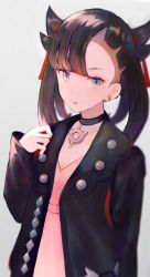 Rule 34 | 1girl, asymmetrical bangs, bad id, bad pixiv id, black hair, black jacket, blazer, blue eyes, choker, collarbone, creatures (company), dress, earrings, game freak, grey background, hair ribbon, jacket, jewelry, long hair, long sleeves, marnie (pokemon), nintendo, open clothes, open jacket, open mouth, pabo, pink dress, pokemon, pokemon swsh, red ribbon, ribbon, simple background, solo, standing, two side up, upper body