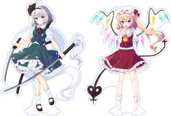 Rule 34 | 2girls, ascot, back bow, black bow, black bowtie, black footwear, black hairband, blonde hair, blue eyes, bow, bowtie, breasts, closed mouth, collared shirt, dual wielding, flandre scarlet, frilled shirt collar, frilled skirt, frilled sleeves, frills, full body, green skirt, green vest, grey hair, hairband, hand to own mouth, hat, hat ribbon, hitodama, hitodama print, holding, holding sword, holding weapon, katana, konpaku youmu, laevatein (touhou), long hair, mary janes, mob cap, multicolored wings, multiple girls, no shoes, open mouth, print skirt, print vest, puffy short sleeves, puffy sleeves, red eyes, red ribbon, red skirt, red vest, ribbon, shirt, shoes, short hair, short sleeves, skirt, skirt set, small breasts, smile, socks, sword, tamanotsuyu, touhou, v-shaped eyebrows, vest, weapon, white bow, white headwear, white shirt, white socks, wings, yellow ascot