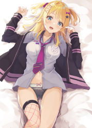Rule 34 | 1girl, black panties, blonde hair, blue eyes, bow, bow panties, breasts, collarbone, collared shirt, cowboy shot, fishnet thighhighs, fishnets, gluteal fold, hachimiya meguru, hair intakes, hair ornament, hairclip, hatsu (first snow), heart, idolmaster, idolmaster shiny colors, jacket, large breasts, long sleeves, looking at viewer, lying, midriff peek, navel, necktie, on back, open clothes, open jacket, open mouth, panties, partially unbuttoned, pink necktie, shirt, single thighhigh, smile, solo, thigh gap, thighhighs, two side up, underwear, white shirt