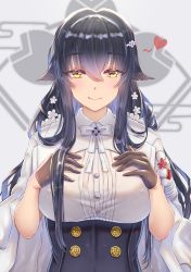 Rule 34 | 1girl, artist request, azuma (azur lane), azur lane, black gloves, black hair, blush, bra visible through clothes, breasts, chinese commentary, closed mouth, commentary request, covered erect nipples, eyes visible through hair, gloves, hair between eyes, hair ornament, hairclip, half gloves, hands on own chest, heart, highres, large breasts, long hair, looking at viewer, smile, solo, yellow eyes