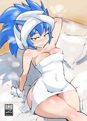 Rule 34 | 1girl, animal ears, arm behind head, arm up, bath, bayeuxman, bed, blue hair, blush, breasts, cleavage, collarbone, commentary, covered navel, curvy, english commentary, fang, fang out, genderswap, genderswap (mtf), gloves, green eyes, hair between eyes, highres, humanization, looking at viewer, medium breasts, naked towel, sidelocks, sitting, smile, solo, sonic (live action), sonic (series), sonic the hedgehog, sonic the hedgehog (film), spiked hair, thick thighs, thighs, towel, white gloves, wide hips