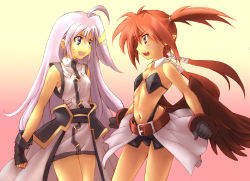 Rule 34 | 00s, 2girls, agito, agito (nanoha), bad id, bad pixiv id, belt, demon girl, eye contact, fingerless gloves, flat chest, gloves, kouno hikaru, long hair, looking at another, lyrical nanoha, mahou shoujo lyrical nanoha, mahou shoujo lyrical nanoha strikers, multiple girls, open mouth, pointy ears, quad tails, red hair, reinforce zwei, silver hair, sleeveless, wings