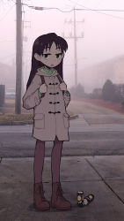 Rule 34 | 1girl, backpack, bag, boots, brown footwear, can, coat, commentary, english commentary, flat chest, flcl, full body, green shirt, half-closed eyes, highres, kemori, long hair, long sleeves, looking at viewer, ninamori eri, open mouth, outdoors, pantyhose, pavement, photo background, purple hair, shirt, solo, standing, utility pole