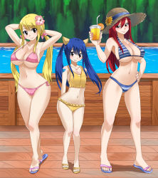 Rule 34 | bikini, blonde hair, blue hair, blush, breasts, erza scarlet, fairy tail, feet, highres, large breasts, lucy heartfilia, nail polish, planeptune, red hair, smile, swimsuit, tattoo, wendy marvell