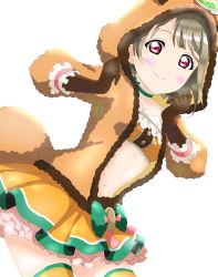 Rule 34 | 1girl, absurdres, animal ears, animal hood, artist name, artist request, bandeau, black gloves, blush, bow, breasts, brown gloves, brown hair, brown hoodie, brown jacket, buttons, choker, cleavage, clenched hands, collarbone, exciting animal (love live!), female focus, frill trim, frilled bandeau, frilled cuffs, frilled skirt, frilled sleeves, frills, fur-trimmed jacket, fur jacket, fur trim, gloves, green bow, green choker, green ribbon, grey hair, hair ornament, heart, heart (symbol), heart print, highres, hood, hood up, hooded jacket, hoodie, jacket, leaf hair ornament, leaf print, light brown hair, long sleeves, looking at viewer, love live!, love live! nijigasaki high school idol club, love live! school idol festival, love live! school idol festival all stars, miniskirt, nakasu kasumi, neck ribbon, orange bandeau, orange legwear, orange skirt, parted lips, pink bow, pink eyes, plaid, plaid skirt, pleated, pleated skirt, puffy long sleeves, puffy sleeves, purple eyes, raccoon costume, raccoon ears, raccoon hood, raccoon tail, ribbon, ribbon trim, short hair, skirt, small breasts, smile, solo, tail, two-tone skirt, white background, white wrist cuffs, wrist cuffs