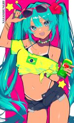 1girl aqua_eyes aqua_hair artist_name bead_necklace beads bikini black_bikini bracelet brazilian_miku breasts can cleavage denim denim_shorts drink_can eyewear_on_head fang flower guarana_antarctica hair_between_eyes hair_flower hair_ornament hatsune_miku highres holding holding_can jewelry long_hair looking_at_viewer makeup multicolored_nails nasaishungry navel necklace open_mouth short_shorts shorts simple_background small_breasts smile soda_can solo stomach sunglasses swimsuit twintails very_long_hair vocaloid