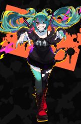 Rule 34 | 1girl, absurdres, belt, blue eyes, blue hair, boots, cross-laced footwear, fangs, fingernails, floating hair, full body, grin, hair ornament, hairclip, halloween, hatsune miku, heart, heart hair ornament, heterochromia, highres, hood, hoodie, lace-up boots, like and retweet, long fingernails, long hair, long sleeves, looking at viewer, nail art, nail polish, outstretched arms, paint splatter, pantyhose, patchwork skin, pleated skirt, sharp teeth, single leg pantyhose, skirt, smile, solo, star (symbol), star hair ornament, stitched arm, stitched face, stitched hand, stitched leg, stitches, teeth, torn clothes, torn pantyhose, twintails, very long hair, vocaloid, yau5531, yellow eyes, zombie, zombie pose