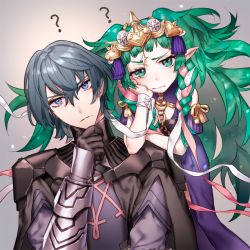 Rule 34 | 1boy, 1girl, ?, armor, black gloves, blue eyes, blue hair, braid, byleth (fire emblem), byleth (male) (fire emblem), closed mouth, fire emblem, fire emblem: three houses, gloves, green eyes, green hair, grey background, hand on another&#039;s shoulder, long hair, nakapipo, nintendo, pointy ears, ribbon braid, short hair, simple background, sothis (fire emblem), thinking, tiara, twin braids, upper body