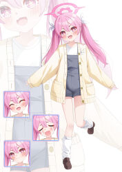Rule 34 | 1girl, absurdres, alternate costume, blue archive, brown footwear, fang, grey overalls, halo, highres, jacket, koyuki (blue archive), long hair, long sleeves, looking at viewer, loose socks, multiple views, open clothes, open jacket, overalls, pink eyes, pink hair, pink halo, shira jun, shirt, shoes, skin fang, socks, twintails, white shirt, white socks, yellow jacket, zoom layer