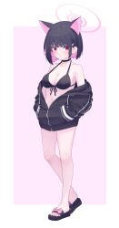Rule 34 | 1girl, absurdres, animal ears, bikini, black bikini, black choker, black hair, black jacket, blue archive, blush, breasts, bsm (nerdmin), cat ears, choker, cleavage, closed mouth, colored inner hair, full body, halo, hands in pocket, highres, hood, hooded jacket, jacket, kazusa (blue archive), large breasts, multicolored hair, pink hair, pink halo, red eyes, sandals, short hair, solo, swimsuit, toes