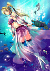 Rule 34 | 1girl, absurdres, ass, blonde hair, boots, breasts, bubble, detached sleeves, fish, green eyes, hair intakes, headband, highres, legs, long hair, mermaid, monster girl, original, panties, ponytail, purple panties, see-through, silhouette, solo focus, soyokaze, thigh boots, thighhighs, turtle, underwater, underwear, wet, wet clothes, white thighhighs